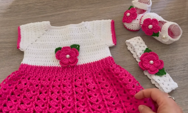 Crochet dress for baby 0-3 months, headband and shoes